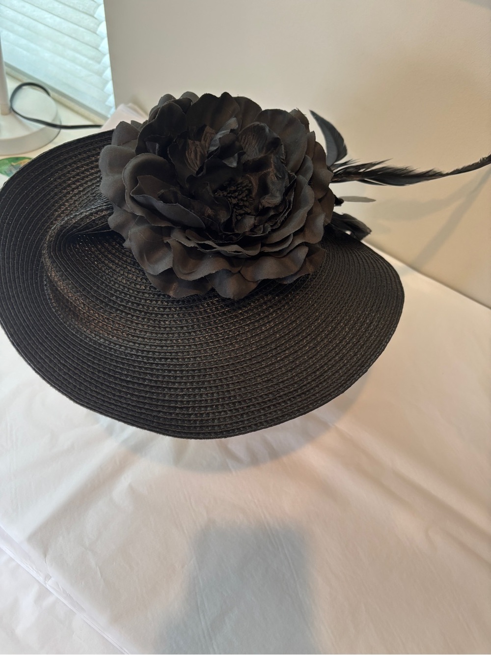 Black Floral Wide-Brim Women’s Hat - Elegant Occasion Headpiece Fascinator